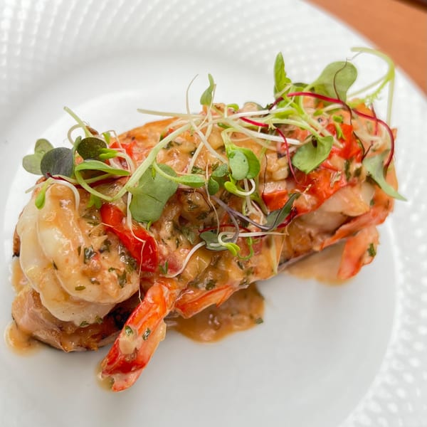 Close-up of a lobster tail covered in a creamy sauce, garnished with microgreens and red peppers.